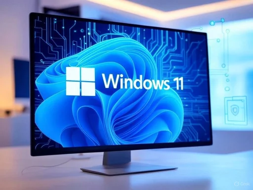 A computer monitor displays the Windows 11 logo against a blue, digital-themed background in a modern setting.