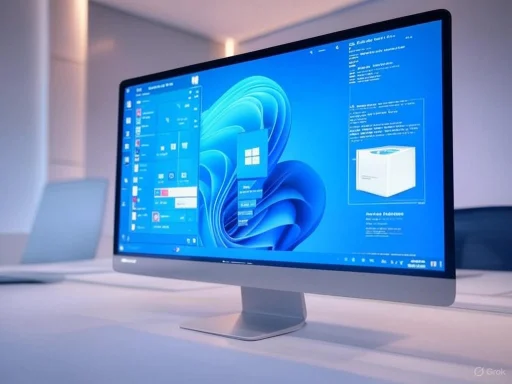 A sleek, modern desktop computer displays the Windows 11 interface in a minimalist workspace.