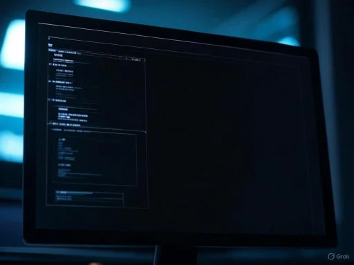 A computer monitor displaying dark-themed code or data, set in a low-light environment.