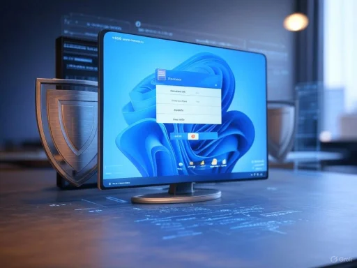 A computer monitor displaying a blue abstract background with an open text window, positioned on a desk with metallic shields nearby.