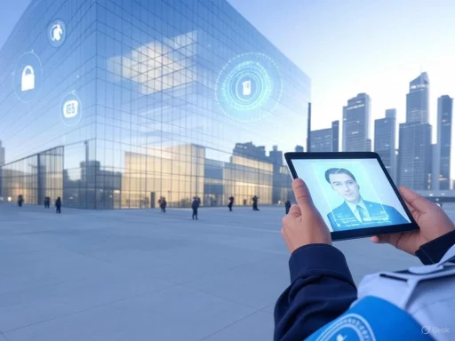 A person using a tablet with a digital ID at a modern cityscape with a glass building and skyline.