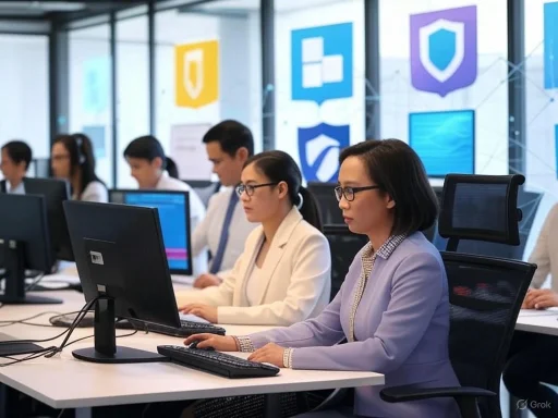 Business professionals working diligently at computers in a high-tech office environment.