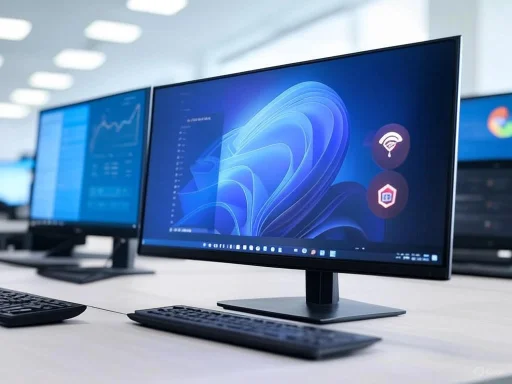 Several computer monitors displaying data and graphics are arranged on a white desk in a modern office setting.