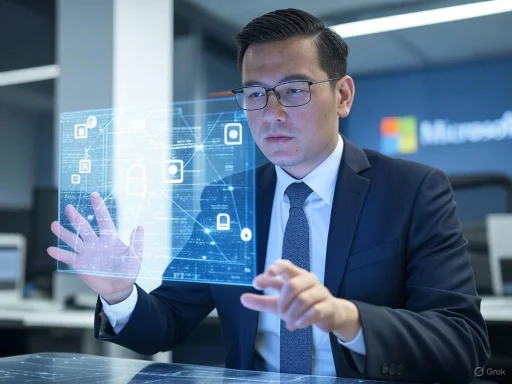 A businessman interacts with a virtual security interface in a high-tech Microsoft office setting. A businessman interacts with a virtual security interface in a high-tech Microsoft office setting.