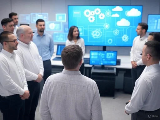 A team of professionals is attending a presentation in a high-tech conference room with multiple digital screens displaying cloud computing and automation graphics.