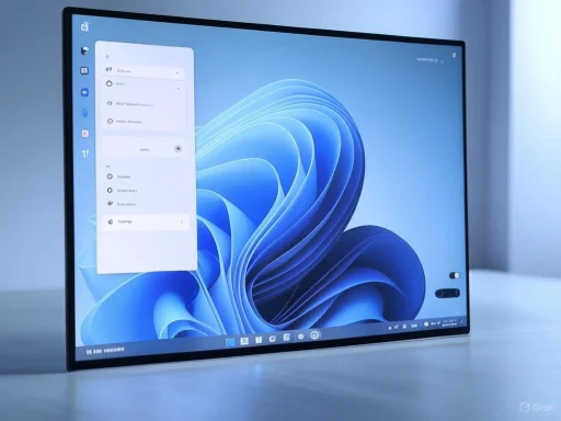 A sleek, modern foldable monitor displaying a blue wave-like abstract background with a sidebar menu.
