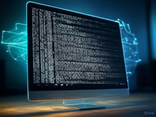 A computer monitor displaying lines of code with digital network graphics in the background.