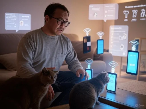 A man with glasses interacts with multiple floating smartphones and digital icons while sitting on a couch with two cats.