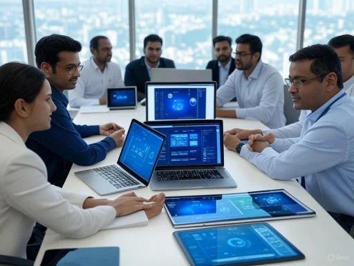 A diverse team of professionals collaborates in a modern conference room with multiple screens displaying data, charts, and digital interfaces.