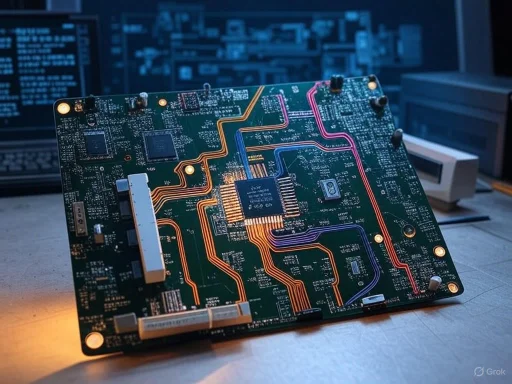 A detailed circuit board layout with colorful traces, placed on a workbench with laptops in the background.
