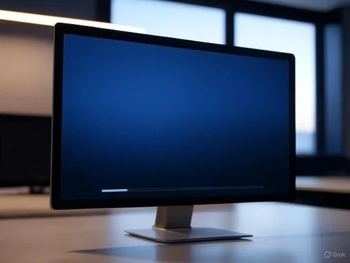 A computer monitor displaying a loading bar in a modern, well-lit office space.