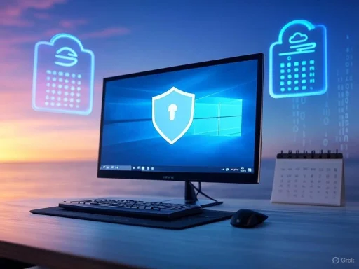 A computer with a security shield icon on the screen, surrounded by cloud security symbols, against a sunset background.
