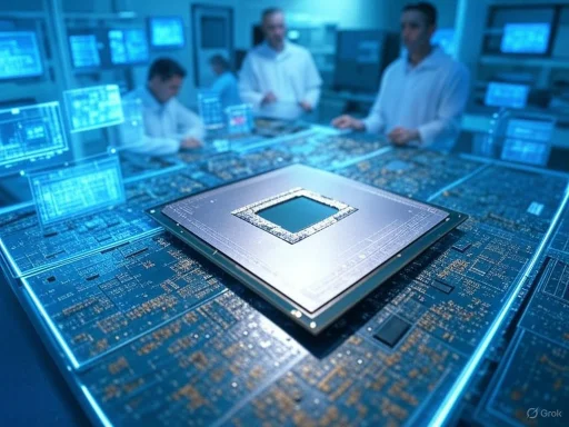 Scientists work in a high-tech lab surrounding a large microchip and digital circuits, analyzing advanced computing hardware.