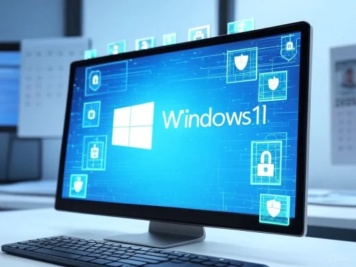 A computer monitor displays the Windows 11 logo with digital security icons, indicating cybersecurity features.