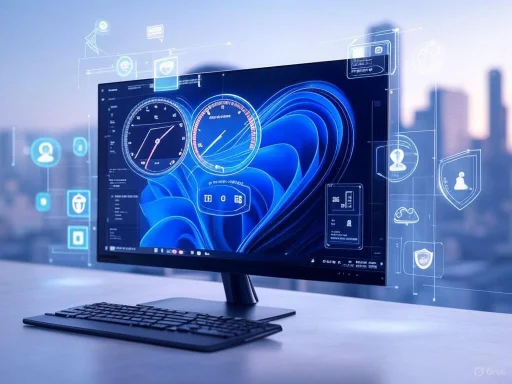 A modern computer monitor displays digital dashboards with data analytics, speed gauges, and holographic security icons in a high-tech environment.