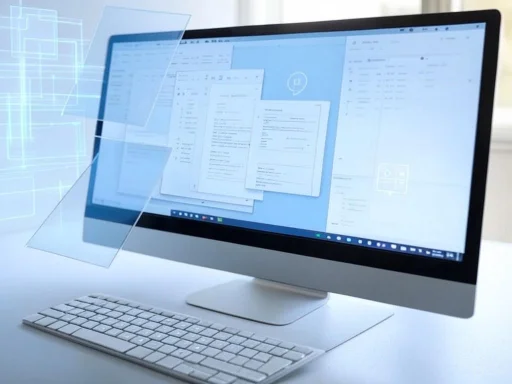 A modern desktop computer displays multiple digital documents and a transparent overlay with digital interface graphics.