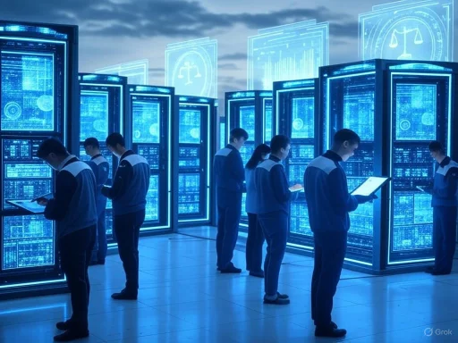 Students study digital law and technology in a futuristic, blue-lit tech lab environment.