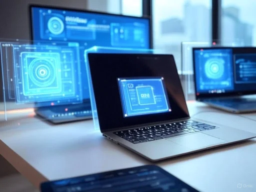 Multiple laptops and monitors displaying holographic hacking or security interface graphics.