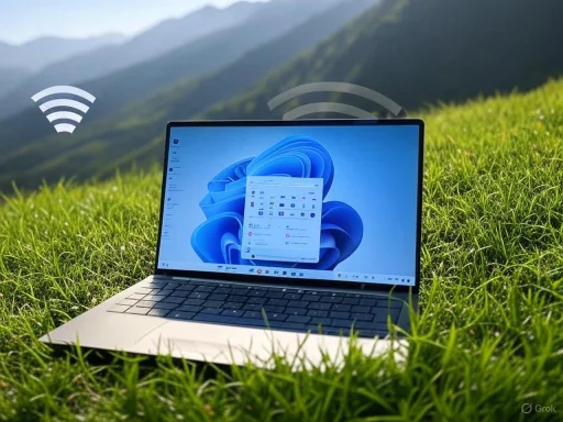 A laptop on grass in a mountain landscape, emitting Wi-Fi signals in an outdoor setting.
