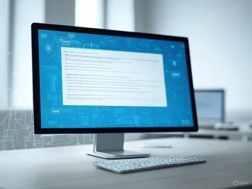 A computer monitor displays a digital interface with a document on a modern, minimalistic desk.