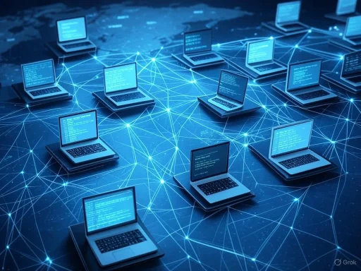 Multiple laptops connected by a digital network, representing cybersecurity or data communication.