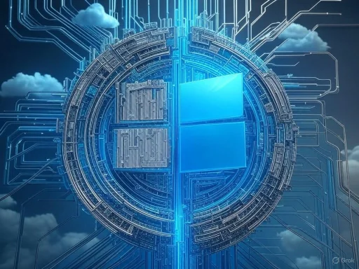 A digital representation of the Windows logo within a futuristic circuit board, surrounded by clouds and technology lines.