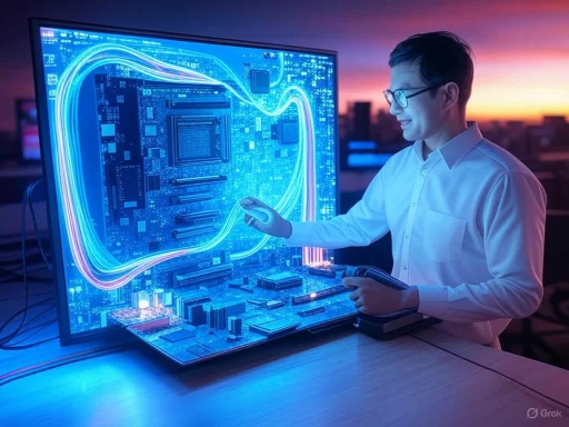A man interacts with a holographic circuit diagram on a large screen at sunset.