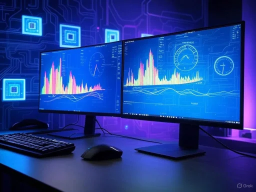 Dual monitors display colorful data visualizations and graphs in a high-tech, illuminated workspace.
