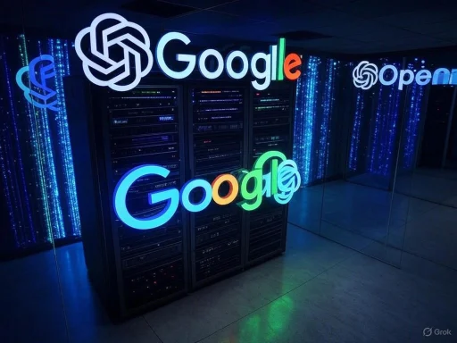 Colorful Google logos and servers in a high-tech data center display, illuminated against a digital-themed background. Colorful Google logos and servers in a high-tech data center display, illuminated against a digital-themed background.