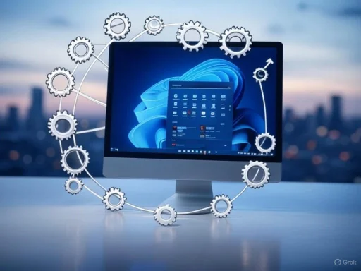 A computer monitor displays a Windows desktop with gear icons and arrows, symbolizing system settings or technology integration.