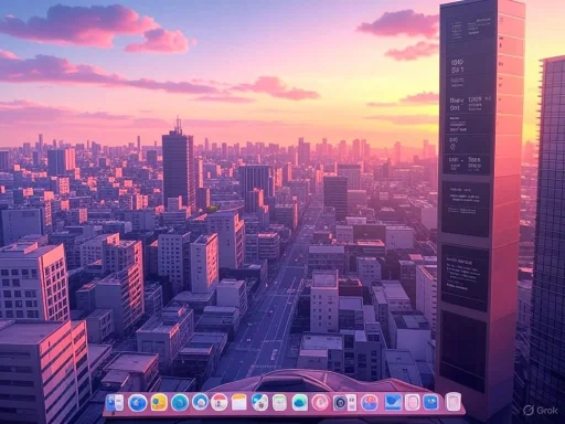 A city skyline at sunset with pink and purple hues illuminating high-rise buildings and streets.