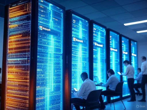 Data center with illuminated servers and personnel working on laptops and tablets.