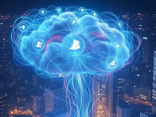 A digital cloud with interconnected icons representing data flow over a cityscape at night.