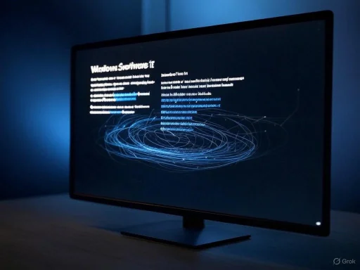 A computer screen displays a system error message with swirling blue lines and text, indicating a Windows crash or failure.