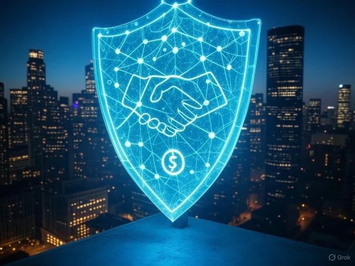 A digital shield with a handshake and dollar sign, symbolizing cybersecurity and financial protection in a cityscape. A digital shield with a handshake and dollar sign, symbolizing cybersecurity and financial protection in a cityscape.