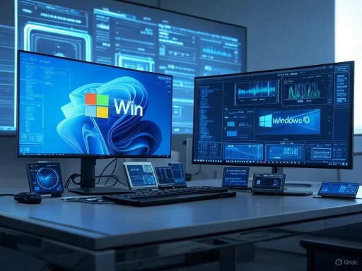 Multiple monitors displaying Windows 10 and Windows branding with technical data and graphical analytics.