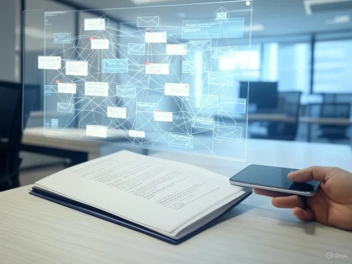 A person holds a smartphone and looks at a transparent screen displaying a complex email or message network in an office setting.