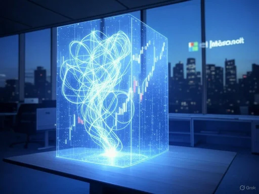 A digital hologram showing complex data patterns and colorful graphs, with a Microsoft logo on a large window in the background. A digital hologram showing complex data patterns and colorful graphs, with a Microsoft logo on a large window in the background.