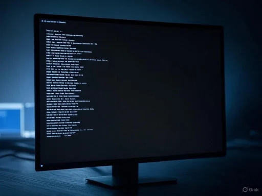 A computer monitor displays lines of code or system data in a dark, dimly lit environment.