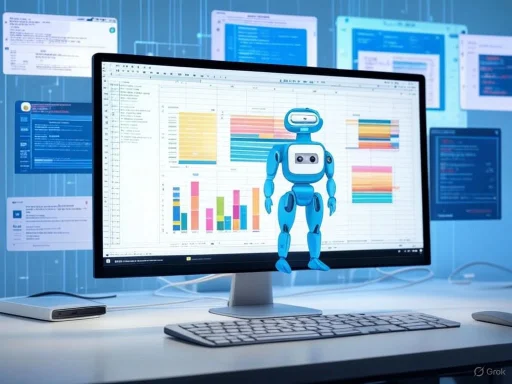A robot avatar appears on a computer monitor displaying spreadsheets and graphs, suggesting AI or data analysis work.