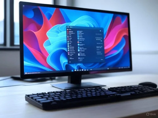 A desktop computer displays a colorful Windows 11 desktop with a menu open, placed on a light-colored desk.