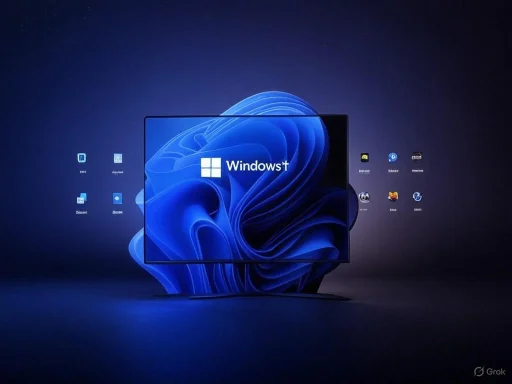 A computer monitor displays the Windows 11 logo on a dark background with various app icons around it. A computer monitor displays the Windows 11 logo on a dark background with various app icons around it.