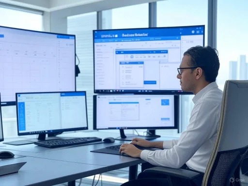 A man working at a desk with multiple monitors displaying spreadsheets and emails in a bright, modern office.