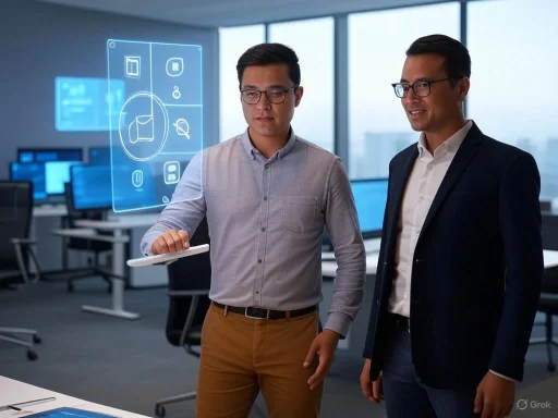 Two men in an office interact with a holographic interface displaying digital icons and data.