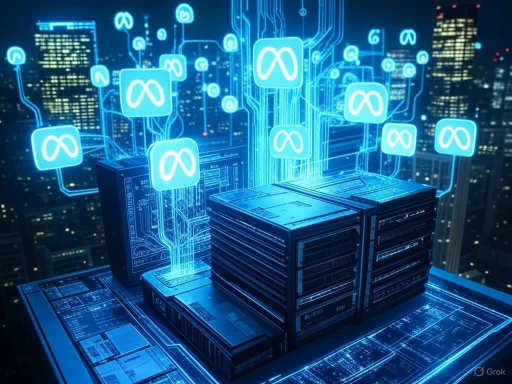 Digital data servers connected to Meta's logo symbols in a futuristic cityscape. Digital data servers connected to Meta's logo symbols in a futuristic cityscape.