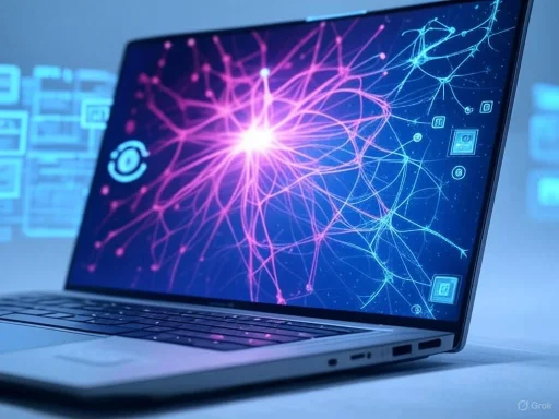 A laptop displaying a digital neural network visualization with glowing pink and blue interconnected nodes.