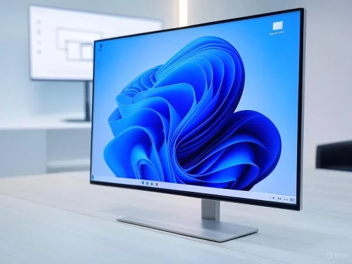 A sleek, modern computer monitor displaying a blue abstract swirl on a clean, minimalist desk.