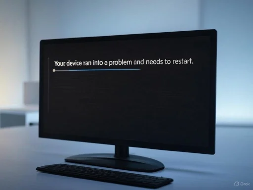 A computer monitor displays a 'device needs to restart' error message, indicating a crash or system failure.