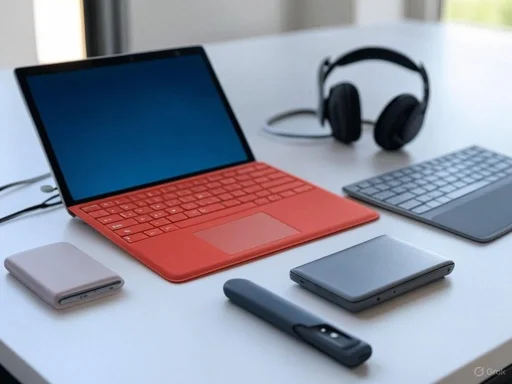 A workspace setup with a red laptop, wireless keyboard, headphones, external storage, and a notebook on a white desk.