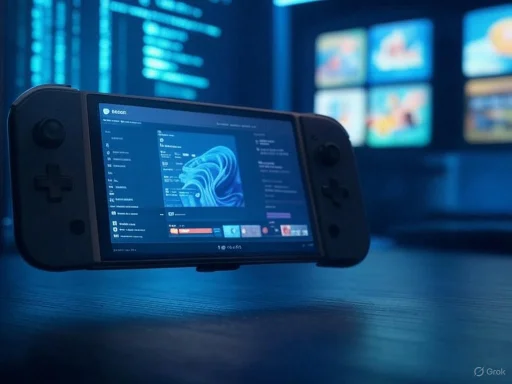 A handheld gaming console displaying a digital card or profile, set against a background of multiple screens or monitors.